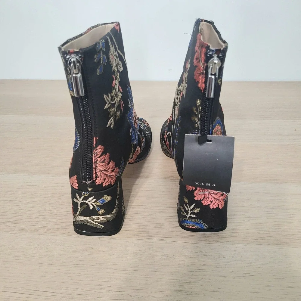 Zara Floral Jacquard Ankle Boots Black Blue Red Satin Statement Booties Heels 8